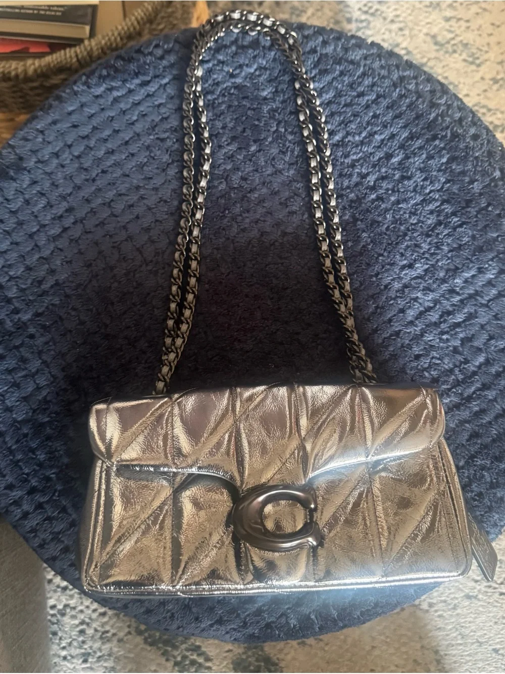 Coach Quilted Metallic Silver Shoulder Bag with Chain Strap